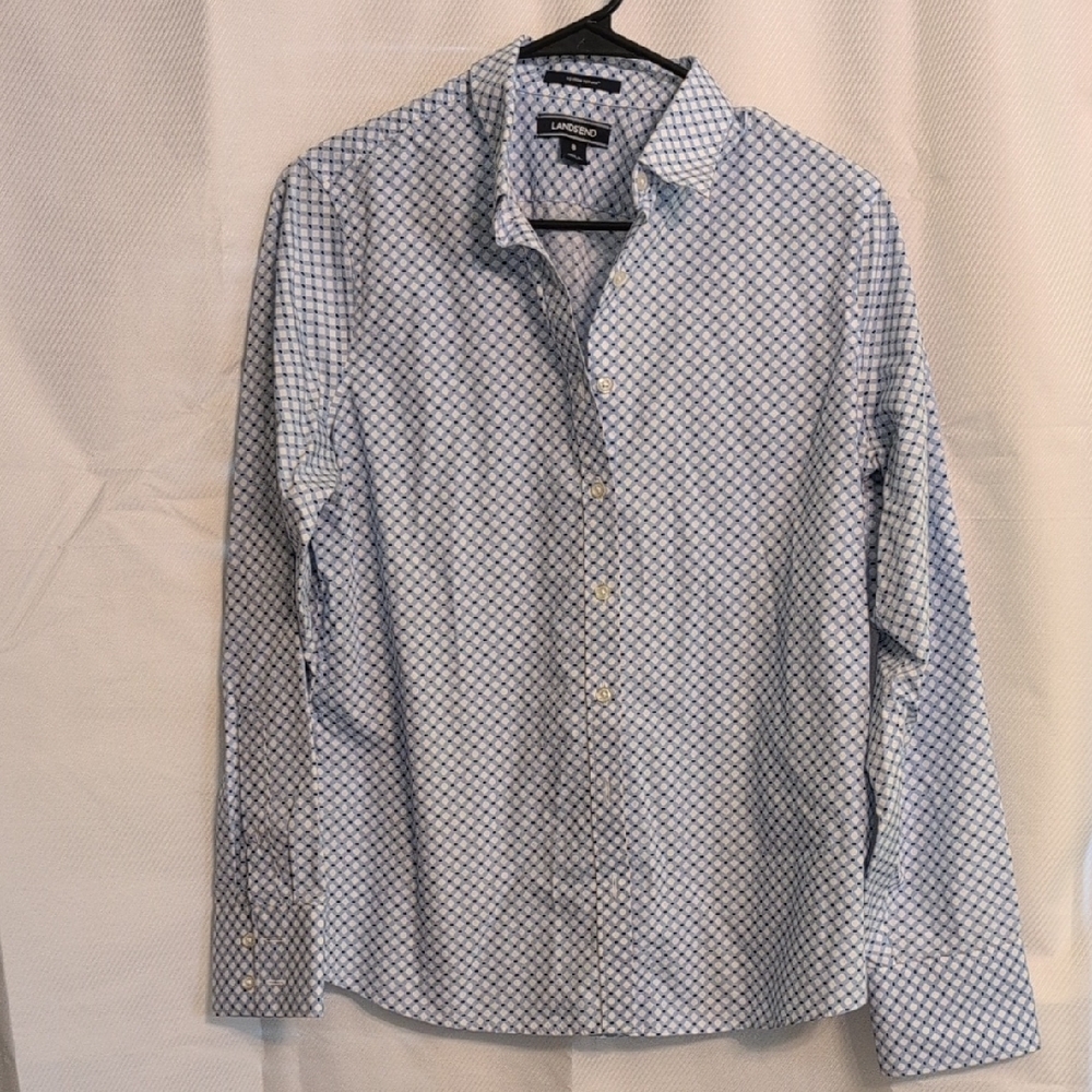 Lands' End Women's Blue Patterned Button Down No Iron Shirt, Size 8